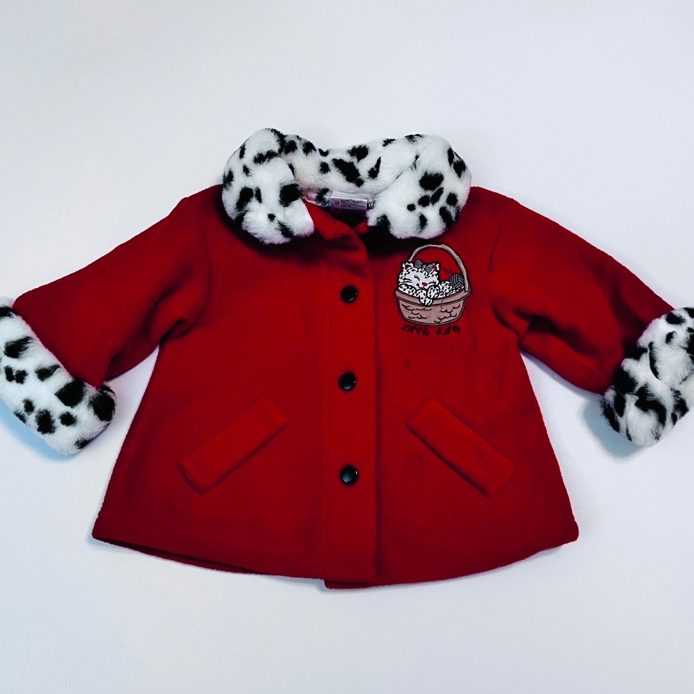 Vintage Cotton Candy Red Fleece Coat 12 Months Dalmatian Trim Kitty